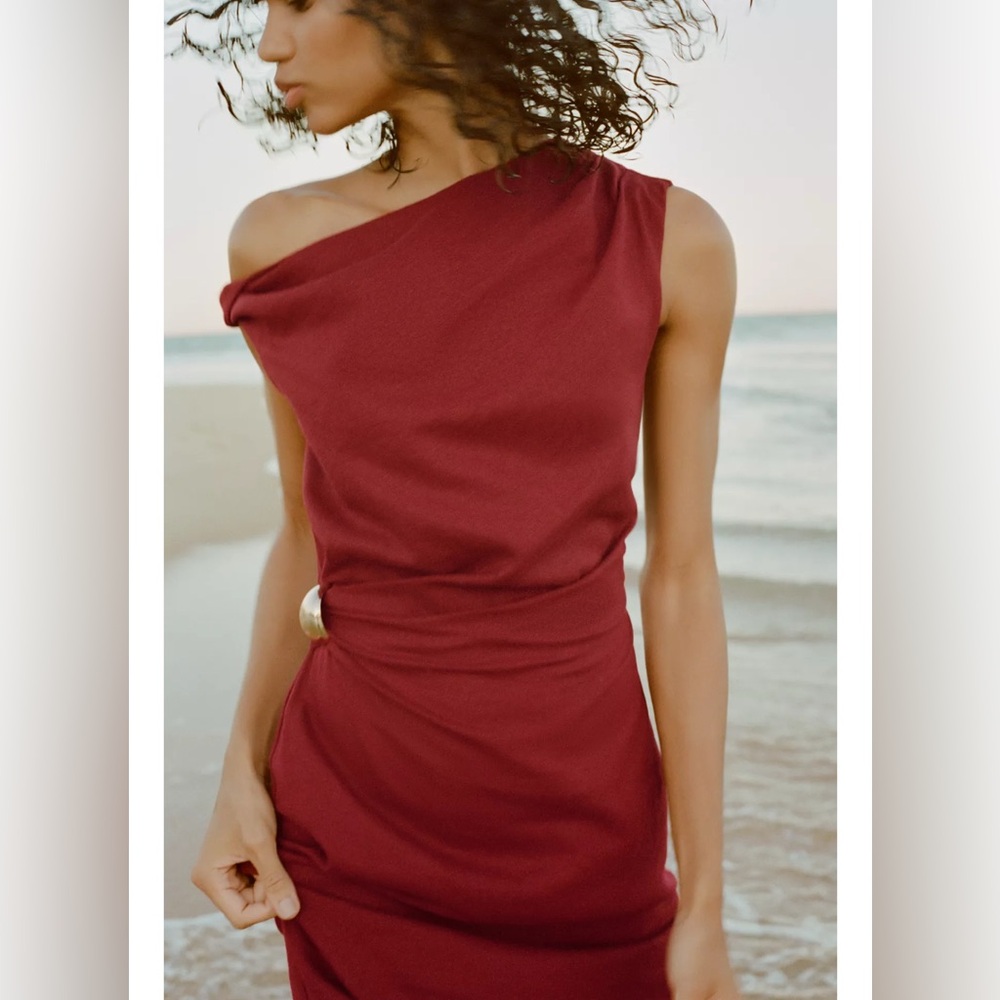 ZARA MAROON RUCHED LINEN BLEND MIDI DRESS L NWT